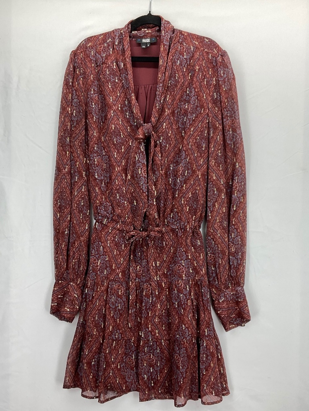 Paige Cleobelle Tie Neck Mini Dress Iced Slate Multi Metallic Burgundy Boho XS